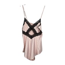 Victoria s Secret Teddy Romper Size L Pink Satin Black Polka Dots Cut Out Lace