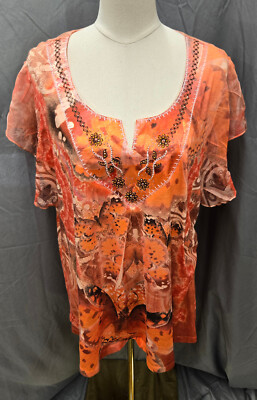 One World Live & Let Live Womens Top Orange Tangerine Butterflies Sz 2x Plus
