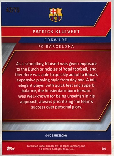 22/23 Topps Barcelona Chrome, Patrick Kluivert #84 Blue Parallel Card #42/75 - Picture 2 of 2