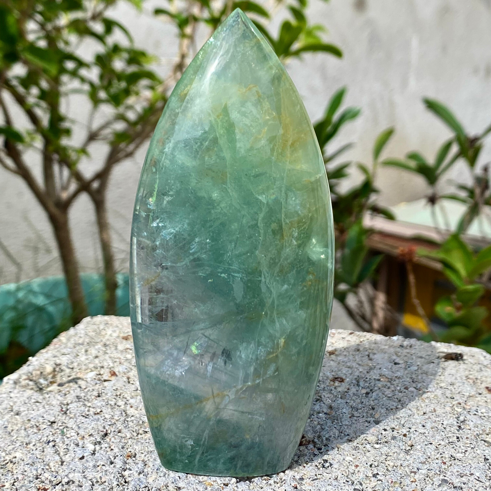 342g Polished Crystal Green Fluorite Carving Water dropl Quartz Ornament Flame