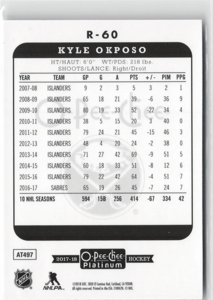 2017-18 O-Pee-Chee Platinum #R-60 Kyle Okposo Retro - Image 2 of 2