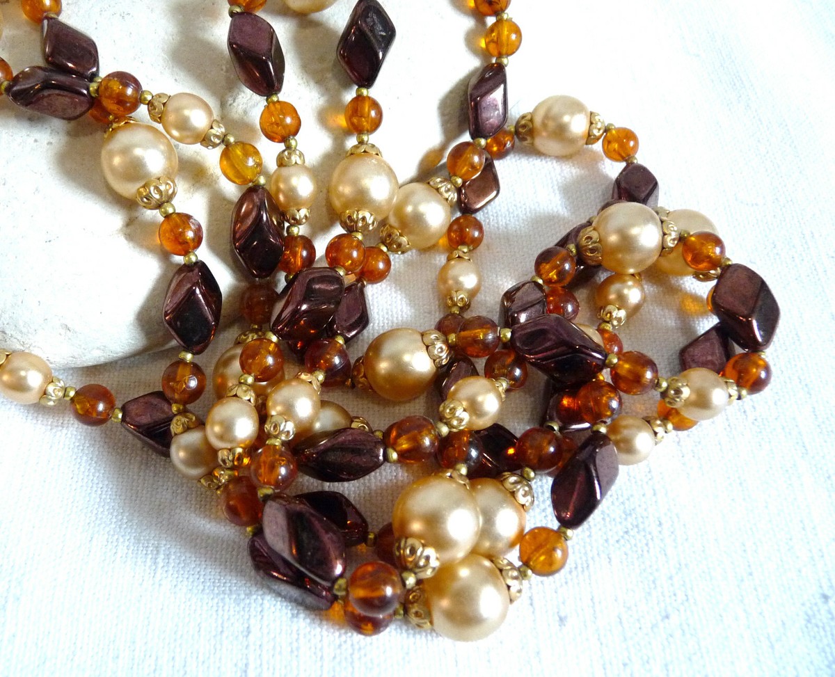 Collier Vintage 3 Rangs Perles Nacre Et Quartz - Années 80 - Multicolore