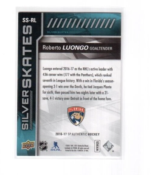 2016-17 SP Authentic Silver Skates Card SS-RL Roberto Luongo Florida Panthers - Image 2 of 2