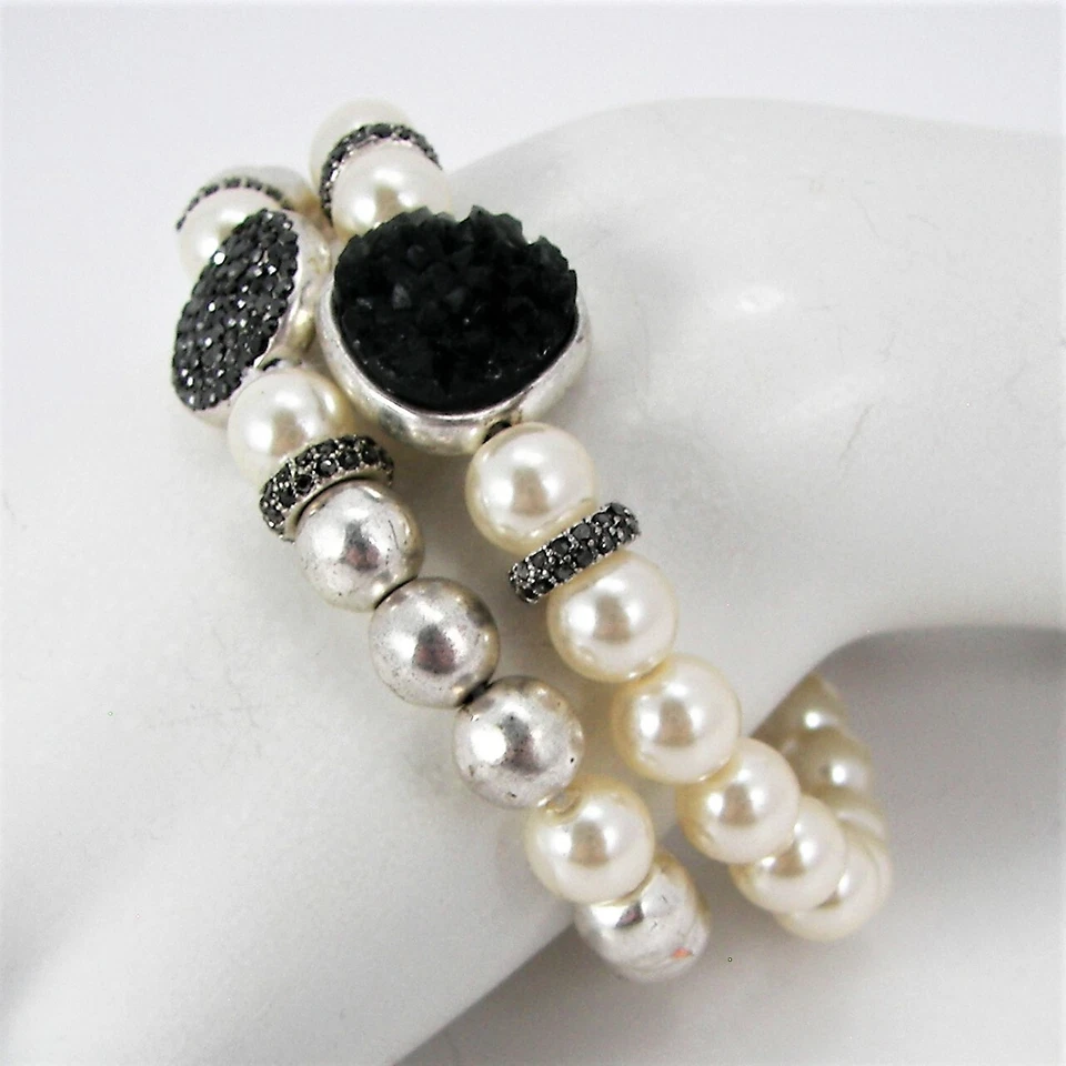 Juego de 2 brazaletes elásticos Lucky Brand piedra druzy cristal imitación perla tono plata Foto 3 de 4