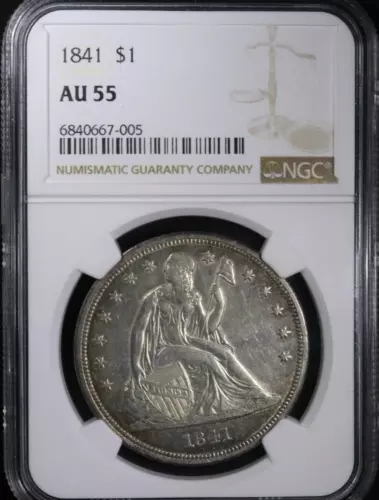 1841 Seated Liberty Silver dollar, NGC AU50 Little Toned, Very Nice Coin.