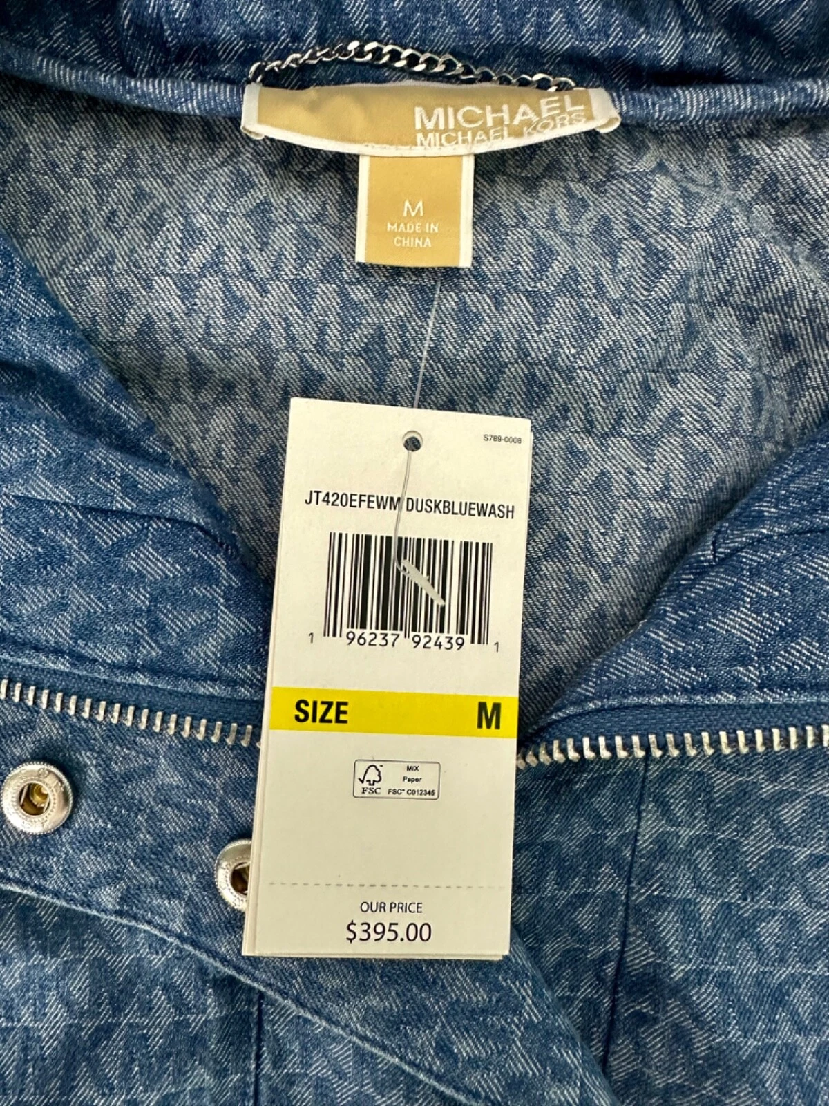 Giacca con cappuccio Michael Kors donna logo denim blu crepuscolare lavaggio anorak media nuova con etichetta