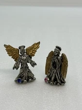 Set of 2 Vintage 1993 Miniature Pewter Angels With Gold Wings & Crystal Balls
