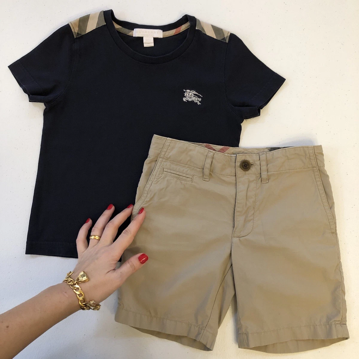 3 4 Years Authentic BURBERRY Boy Shorts T shirt Set Check Patch Black Polo Child