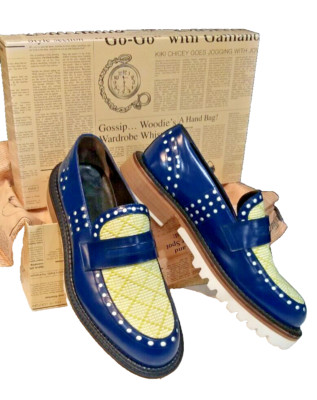 John Galliano Unique Punch Hole Detail Loafers shoes Classic Navy Lime Italy