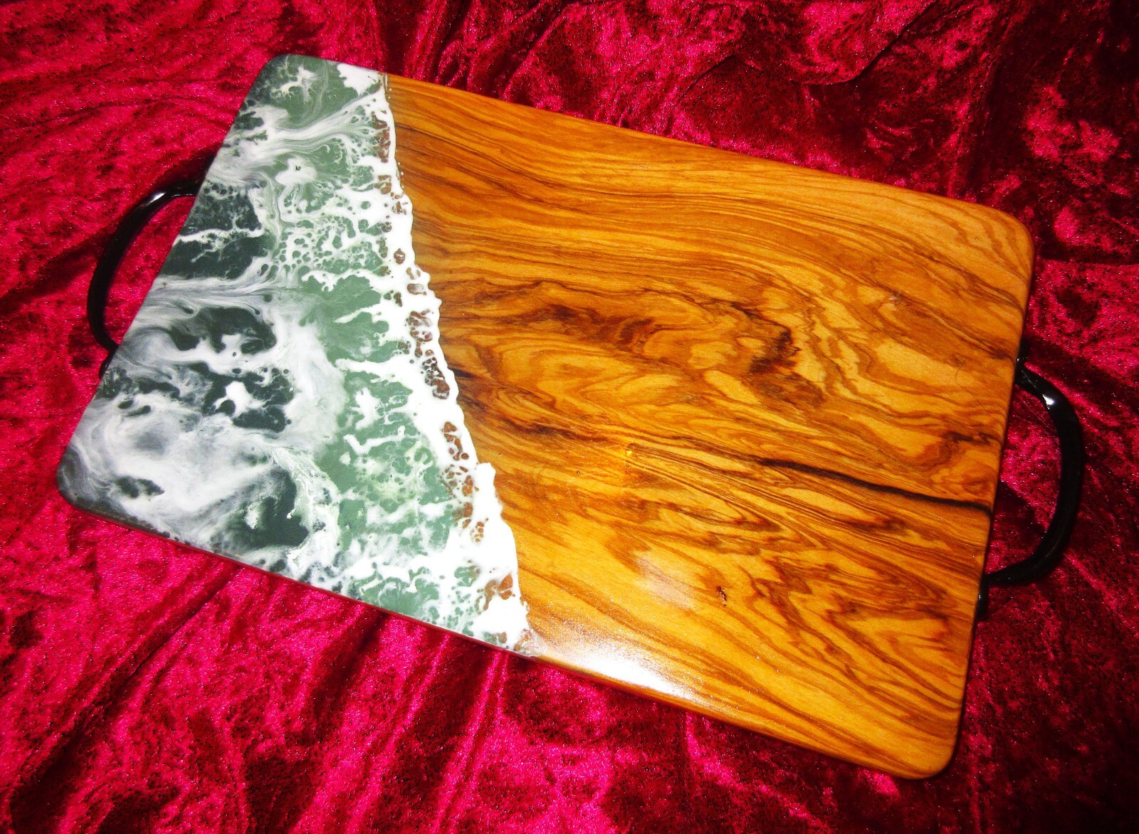 GREEN - Italian Olive Wood & Resin Art Charcuterie Board with Handles