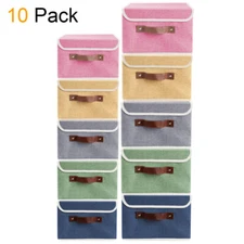 10Pcs Foldable Storage Box Bins Linen Fabric Organizer Baskets w/ Leather Handle