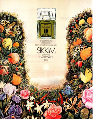 1973 SIKKIM LANCOME PERFUME PRINT AD, FLOWER, PULP, LEAF, FRUIT