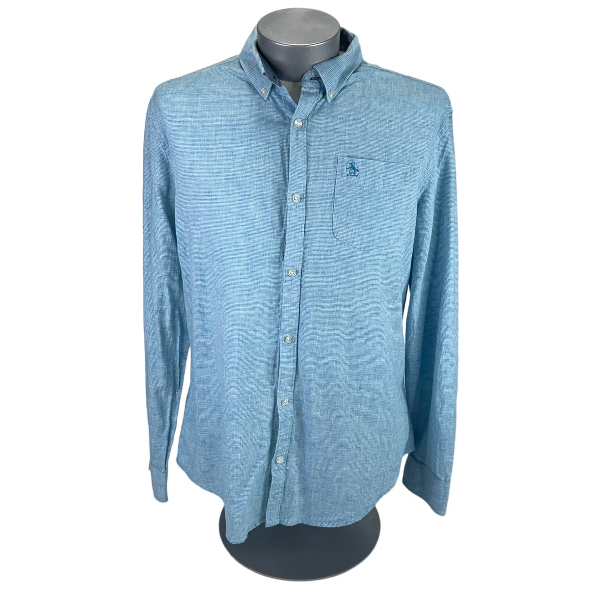 Penguin Mens Linen Blend Shirt Long Sleeve Light Blue Striped Size