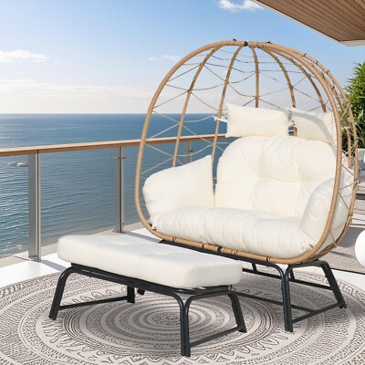 Outdoor Double Egg Chair Patio Chairs with Ottoman 680lbs Capacity for 2 Person