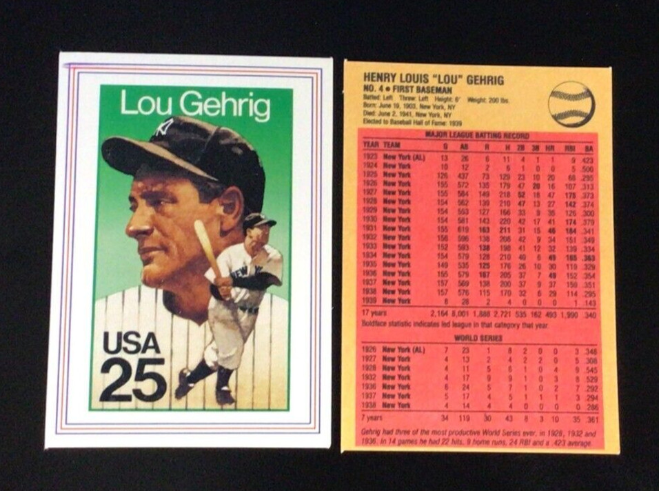 1989 USPS Baseball Legends Stamp Card Set Break - LOU GEHRIG CARD ONLY (Yankees)