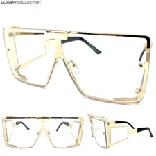 Men Oversized Classic Retro Shield Style Clear Lens EYE GLASSES Gold Metal Frame