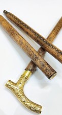 Antique Wooden Walking Stick With Golden Leaf Brass Handle For Seniors Men Women