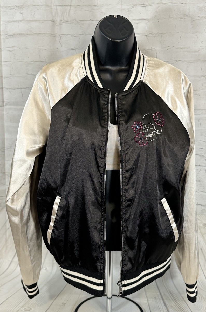 Hot Topic Women Bomber Jacket M Embroidered Satin Fish Skull