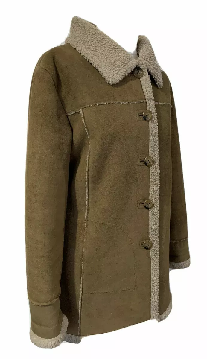 Womens EWM Faux Suede Sheepskin Faux Fur Lined Brown Jacket Coat Size UK 12