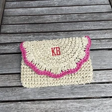 Pottery Barn Mark and Graham Scalloped Raffia Clutch Bag Natural Pink Monogram