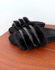 Women s Black real mink Fur Trim Slide Sandals Slip On US 9 Standard