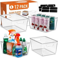 12 PACK LARGE Clear Storage Bins with Handles  Labels, Multiuse Plastic Pantry