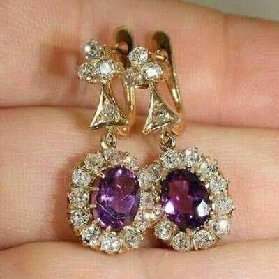 4Ct Oval Cut Amethyst & Diamond Drop & Dangle Earrings 14K Yellow Gold Finish