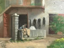 Tableau HSP- Cour de Ferme et LAVANDIERE  -Signé- XIXème -IMPRESSIONIST PAINTING