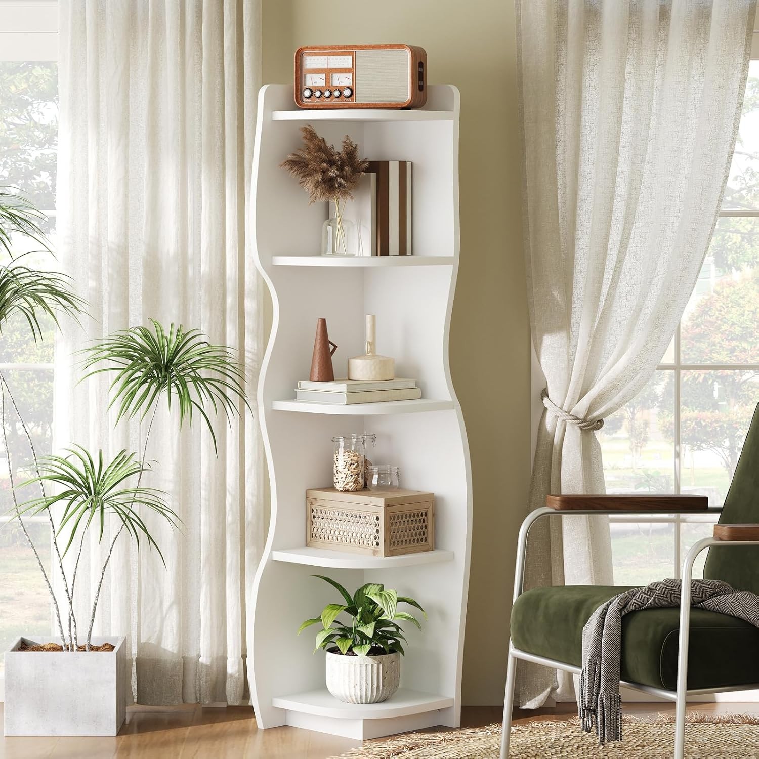 HOOBRO Corner Shelf with Light 5-Tier Modern Corner Bookshel