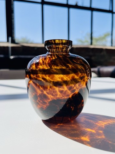 Vintage MCM Murano Style Glass Tortoise Shell Bud Vase Mini Brown Speckled