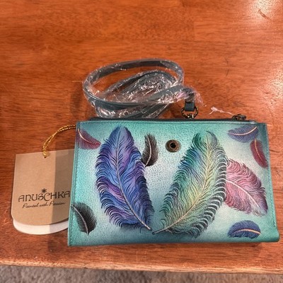 Anuschka RFID Cell Phone Crossbody Bag NWT RARE Teal Feathers Boho Artsy Hippie
