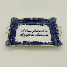 I. Godinger & Co. Porcelain Blue & White Friends Quote Jewelry Trinket Dish
