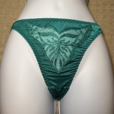 NWOT Vintage Emerald Green Nylon Satin Bikini Panty W/Embroidery Mesh Accent M/6