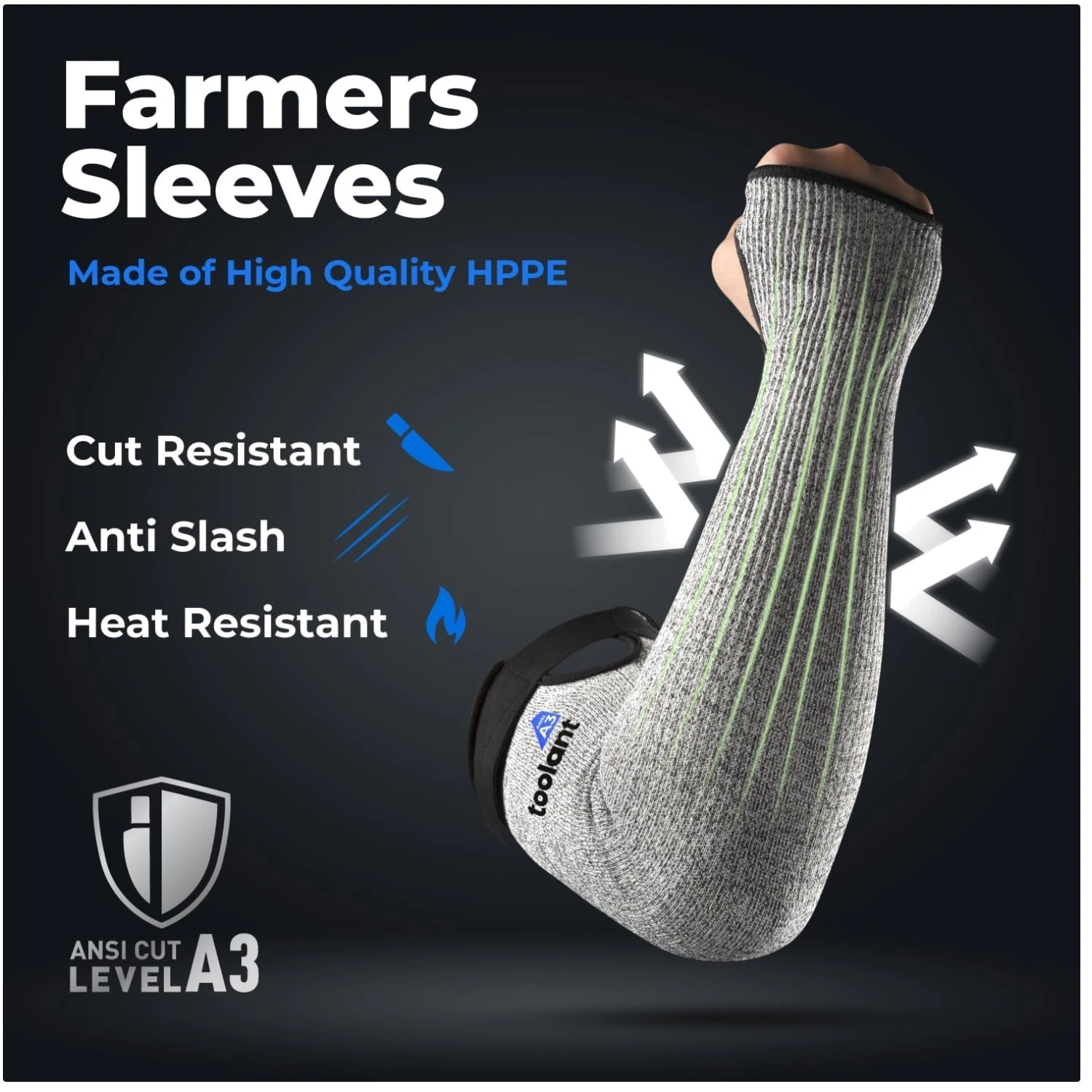 Cut Resistant Arm Sleeves, Grey (2 Pairs), Thumb Hole
