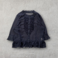 Sheer Polka Dot Ruffle Blouse Navy Blue See-Through Flounce Sleeve Croped Top