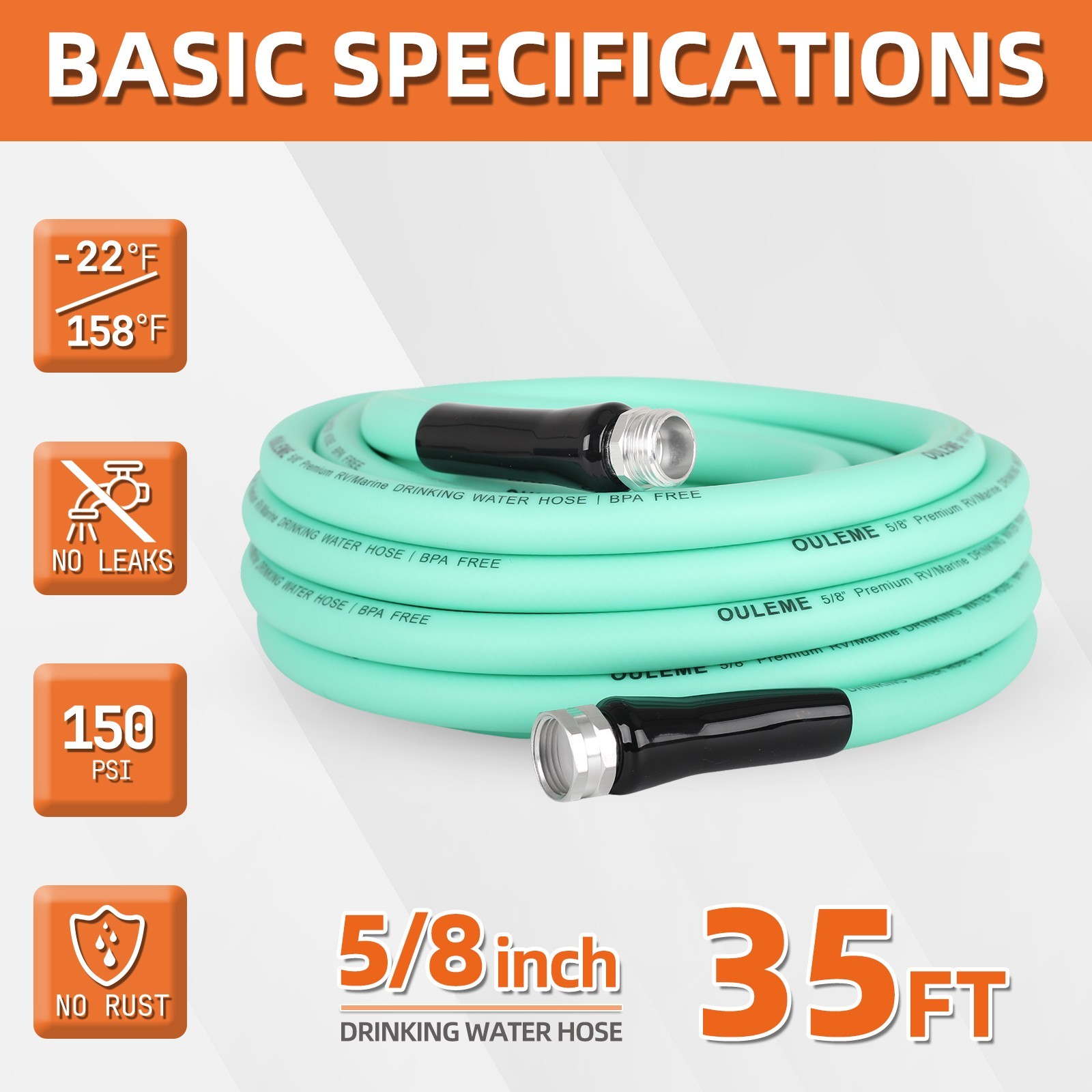 OULEME 25/35/75ft RV Drinking Water Hose, 5/8" with Aluminum Fittings