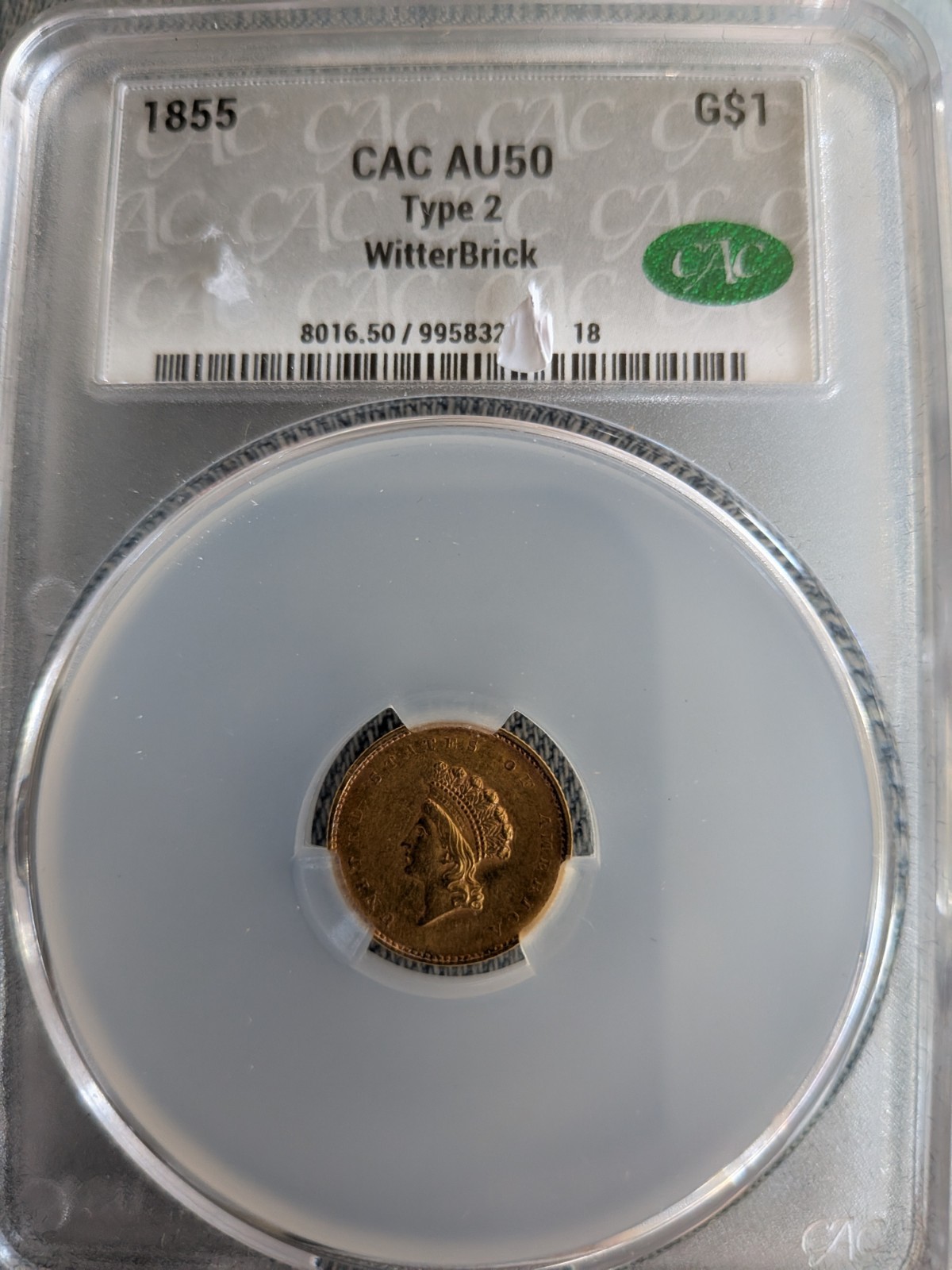 1855 Type 2 gold dollar $1 CAC AU 50 Witterbrick