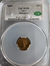 1855 Type 2 gold dollar $1 CAC AU 50 Witterbrick