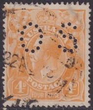 Aust KGV 4d Orange SWK. Perf OS. Dry Ink. USED (AA33)
