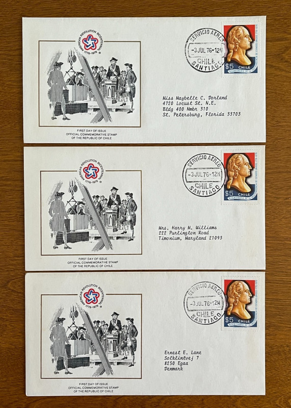 3) REPUBLIC OF CHILE  HONORS AMERICA'S BICENTENNIAL FDC FRANKLIN PHILATELIC SOC.