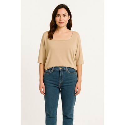 Adini Top Shirt Women's Size 4X 3/4 Sleeve Square Neck Casual Cotton Beige NWT