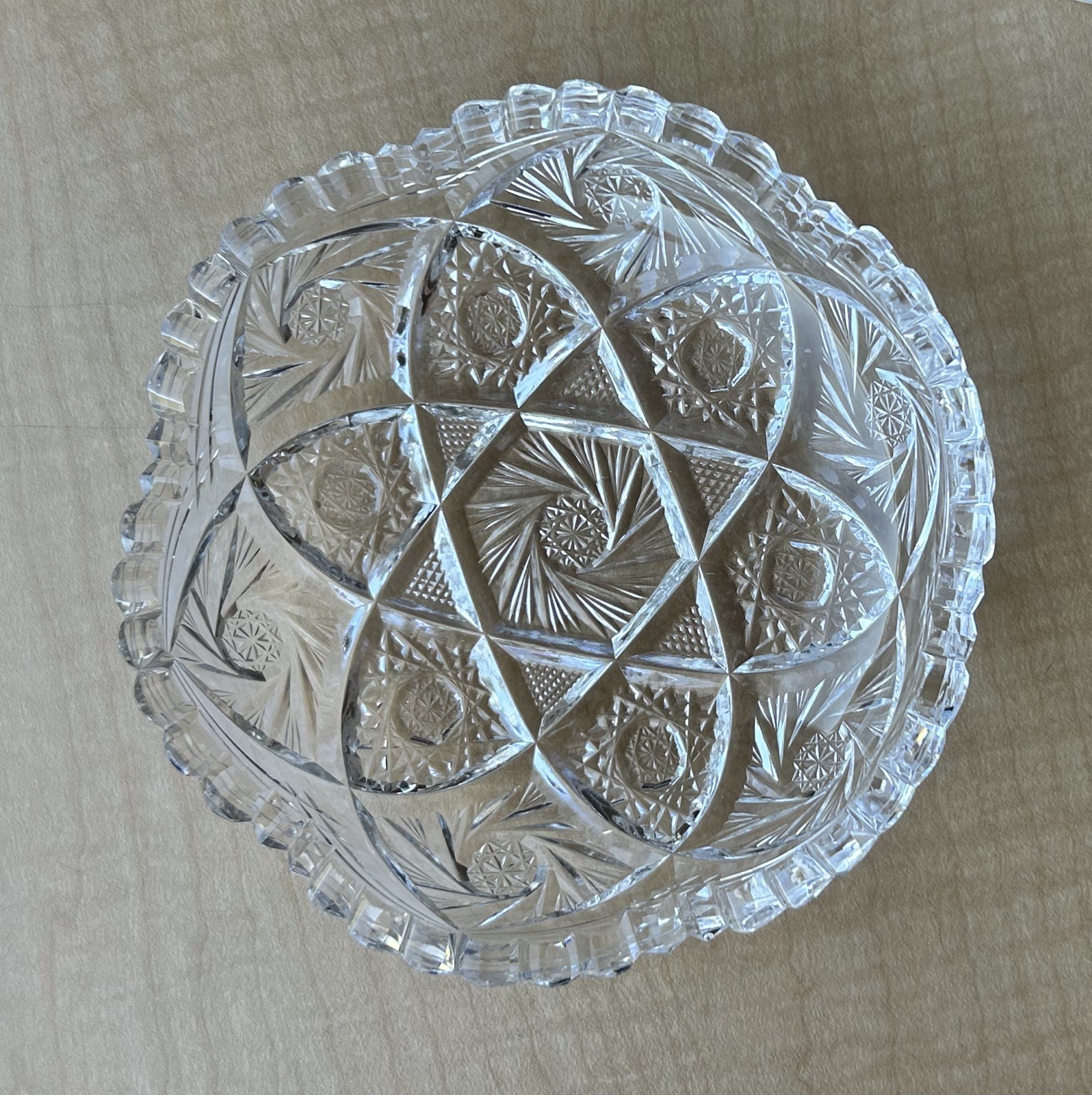 Vintage American Brilliant Crystal Cut Glass Bowl Scalloped Edge 6”