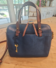 Fossil Rachel Twilight Blue Satchel with Brown Strap. In excellent condition 