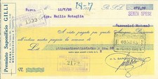 Assegno Bancario int. PREMIATO SAPONIFICIO GILLI. Parma, Montecchio Emilia 1928