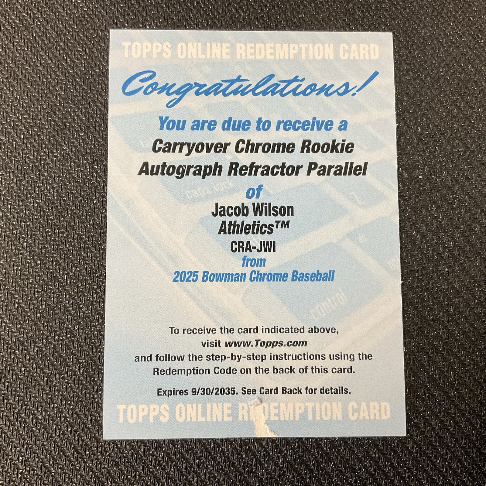 JACOB WILSON Carryover Rookie Refractor Auto #/499 SP 2025 Bowman Chrome BK