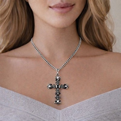 Beautiful Black Crystal Cross Pendant Necklace Silver Curb Chain 15/18 