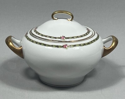 Tressemann & Vogt Limoges Sugar Bowl w Lid Gold Garland Pink Flowers T&V 6439