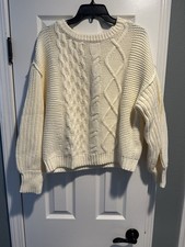 NEW Free People XS Dream Cable Knit Cream Crew Oversized Chunky Sweater Pullover