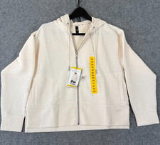 DKNY Ottoman Full-Zip Hoodie Womens M Sand Ivory Ribbed Stretch Pockets NWT