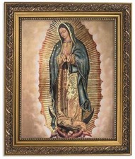 Impresión de retrato enmarcada de Nuestra Señora de Guadalupe con acabado dorado ornamentado, 13 pulgadas